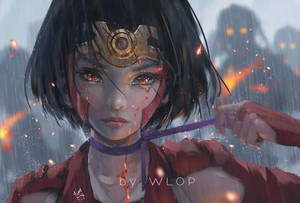 動漫女孩，眼睛發光，金色頭飾，在帶有火花的雨景中。
