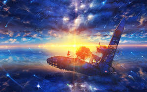 一個人在日落時分的星空下站在失事飛機上