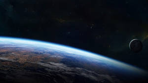 從太空觀看地球，星空中有月球和遙遠行星。
