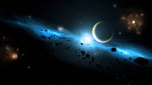 一個充滿活力的藍色星雲和小行星在深空中漂浮在新月行星附近。