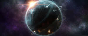 一顆發光的行星帶有能量環，在深空中繞著一顆明亮的恆星運行。 — 行星 壁紙