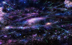 色彩鮮豔的宇宙星雲，帶有綠色流星和閃爍的星星。 — 奇幻 壁紙