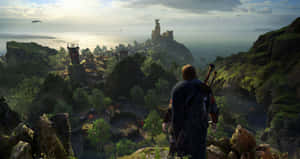 戰士俯瞰沿海奇幻村莊於日出時分 — 奇幻 壁紙