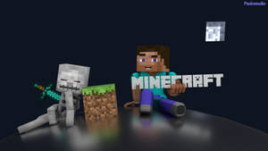 Minecraft Steve和骷髏在黑暗表面上與泥土方塊和發光標誌