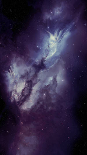 在深空中與星星一起發光的鮮豔紫色和藍色星雲。