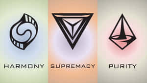 三個抽象幾何標誌，標有 harmony supremacy purity，位於柔和彩色背景上。 — 文明：超越地球 壁紙