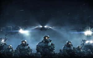 未來士兵穿著盔甲站在暴風雨夜晚懸浮戰爭機器下。