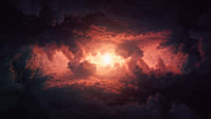 日落時分，太陽穿過黑暗的暴風雲，投射出紅色和紫色的色調。