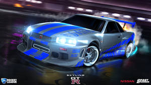 銀色日產Skyline GT-R在霓虹車庫中帶藍色條紋漂移。 — 日產 Skyline GTR R33 壁紙
