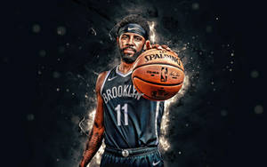 身穿布魯克林球衣的籃球運動員手持 Spalding 籃球，帶有發光效果。