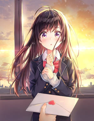 穿著校服的動漫女孩在夕陽窗邊拿著一封紅色心形封緘的信。