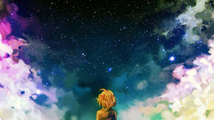金發動漫角色看著帶有星雲的彩色星空。