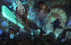 Cyberpunk 戰士手持發光劍在雨夜霓虹小巷中衝鋒。