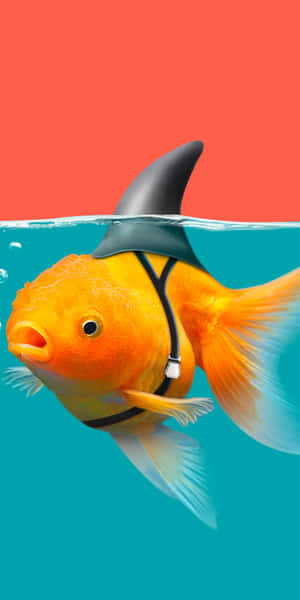 一條戴著鯊魚鰭的金魚在有氣泡的水中游泳。 — 18:9 壁紙