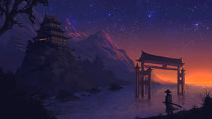 星空下，武士在鳥居前，背景是山上城堡。