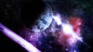 一顆行星在一個充滿星星的發光紫紅色星雲附近運行。 — 行星 壁紙