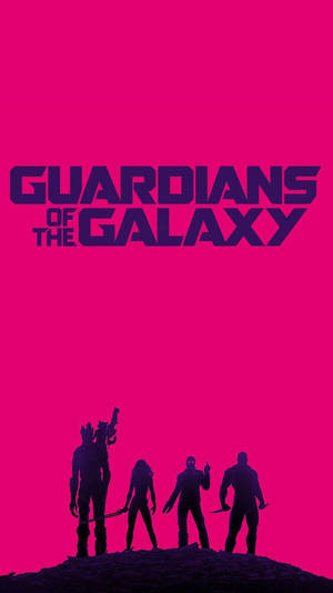 岩石上的四個超級英雄剪影，粉紅色背景上寫著「Guardians of the Galaxy」標題。