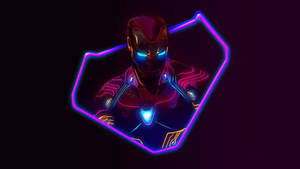 Iron Man 穿著發光裝甲在霓虹六邊形內，背景為深色。