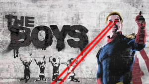 擁有紅色激光眼睛的超級英雄，以及寫著 'THE BOYS' 並帶有四個人物在下的塗鴉牆。