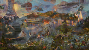 未來戰爭場景，飛船和裝甲士兵在廢墟景觀中戰鬥。