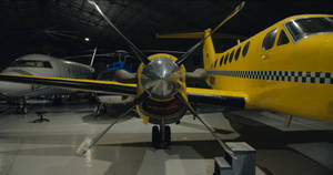 黃色螺旋槳飛機在機庫內與其他飛機一起展示。