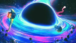 太空船靠近帶有旋轉星雲和漂浮行星的宇宙漩渦