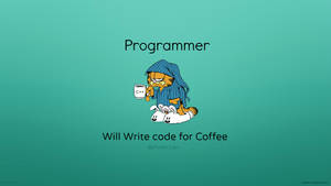 加菲貓穿睡袍手持C++咖啡杯，文字Programmer Will Write Code for Coffee