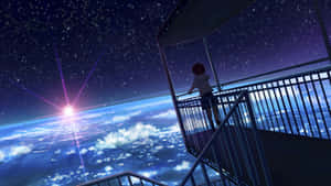 動漫女孩在觀景台上看著發光藍色行星上方的星空。 — 太空美學 GIF 壁紙