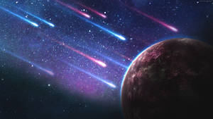 在色彩繽紛的星雲天空中帶有流星的行星