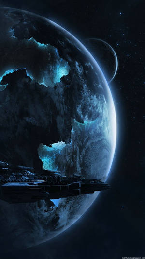 未來風格的太空船在深空中環繞一顆發光的藍色外星行星。