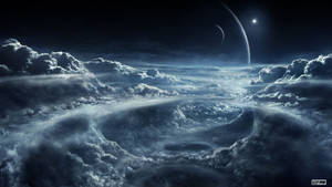 在新月和遠處行星下的宇宙雲層漩渦。