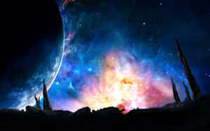 在色彩繽紛的星雲和星場下，荒蕪行星上的外星岩石地貌。 — 奇幻 壁紙