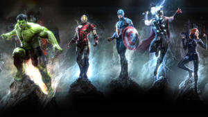 六位超級英雄包括Hulk、Iron Man、Captain America、Thor和Black Widow站在暴風雨中的岩石上。