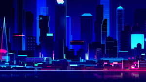 未來城市天際線在夜晚閃爍著霓虹燈光，倒映在水中。