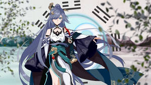 長藍髮動漫少女身穿傳統長袍，在水邊與神秘符號相伴。