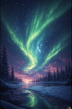 綠色極光在繁星點點的暮色天空下，閃耀在白雪覆蓋的河流和松林之上。 — iPhone 4 壁紙