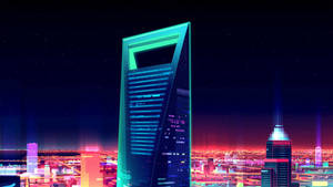 未來主義的城市天際線夜景，在星空下閃爍著霓虹燈摩天大樓。