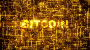 金色比特幣文字被黑暗背景上發光的電路線包圍。