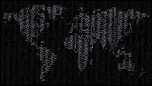在黑暗屏幕上由二進制數字組成的世界地圖輪廓。