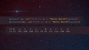 Python 程式碼在星空網絡背景上顯示 'Hello World' 及其 ASCII 值。