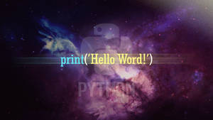 Python print Hello World 程式碼漂浮在色彩繽紛的宇宙星雲中。