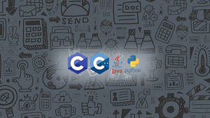 C C Java 和 Python 的科技標誌居中於手繪編程塗鴉背景上。