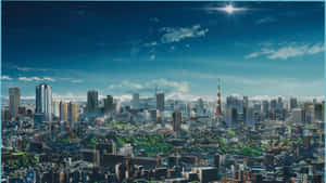 星空下日落時分東京塔的動漫城市天際線。