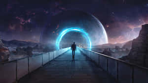 一個人在橋上走向一個在星空外星景觀中的發光藍色傳送門。