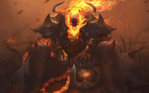 在煙霧和火焰中，身穿暗色盔甲的燃燒惡魔戰士。 — 惡魔 壁紙