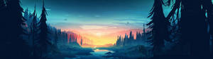 剪影的松樹在漸變天空下框住一條在黃昏時發光的河流。 — 3840x1080 壁紙
