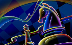 風格化的國際象棋騎士和主教，在棋盤格背景上帶有彩虹輪廓。 — 國際象棋 壁紙