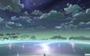 兩個人站在發光的海岸上，下方是繁星點點的暮色天空，帶有柔和的雲彩。