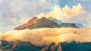 日落時分，山峰聳立於金色雲層之上，帶有紋理筆觸。