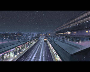 在星空下，發光的燈光中，夜間的火車站飄著雪。